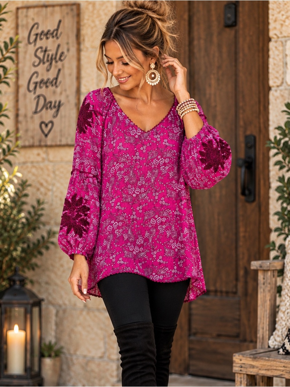 Tru Luxe Jeans M Fuchsia Paisley Boho Tunic Top 3D Floral Appliqué Hi Low